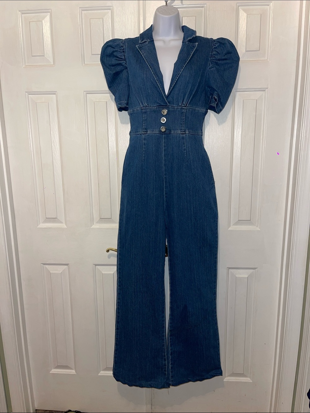 SHEIN Dark Blue Denim Puff-Sleeve Jumpsuit with Buttoned Waistband